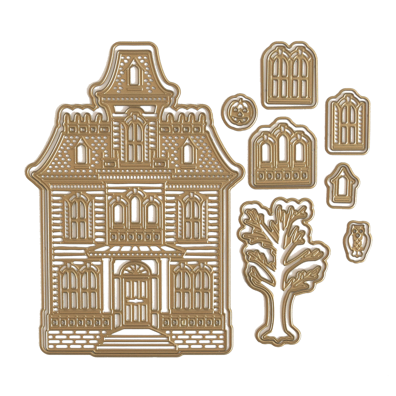 a wooden cutout of a house with a tree.