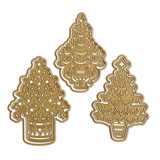 Three 3D Mini Christmas Tree Dies in gold on a white background.