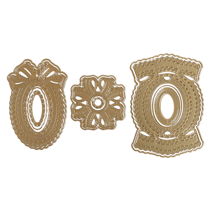 a set of three decorative objects on a green background.
