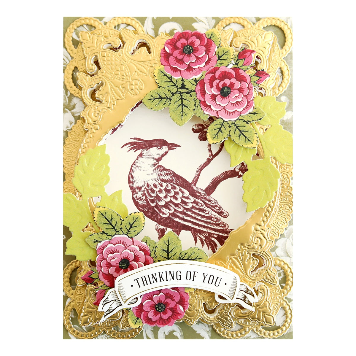 a card with a bird and flowers on it.