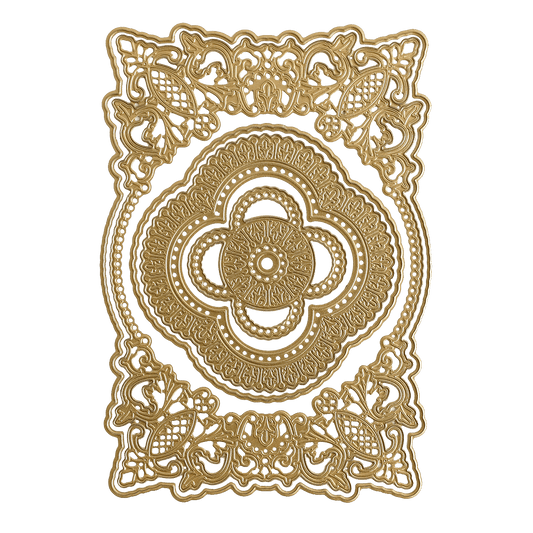 a gold design on a green background.
