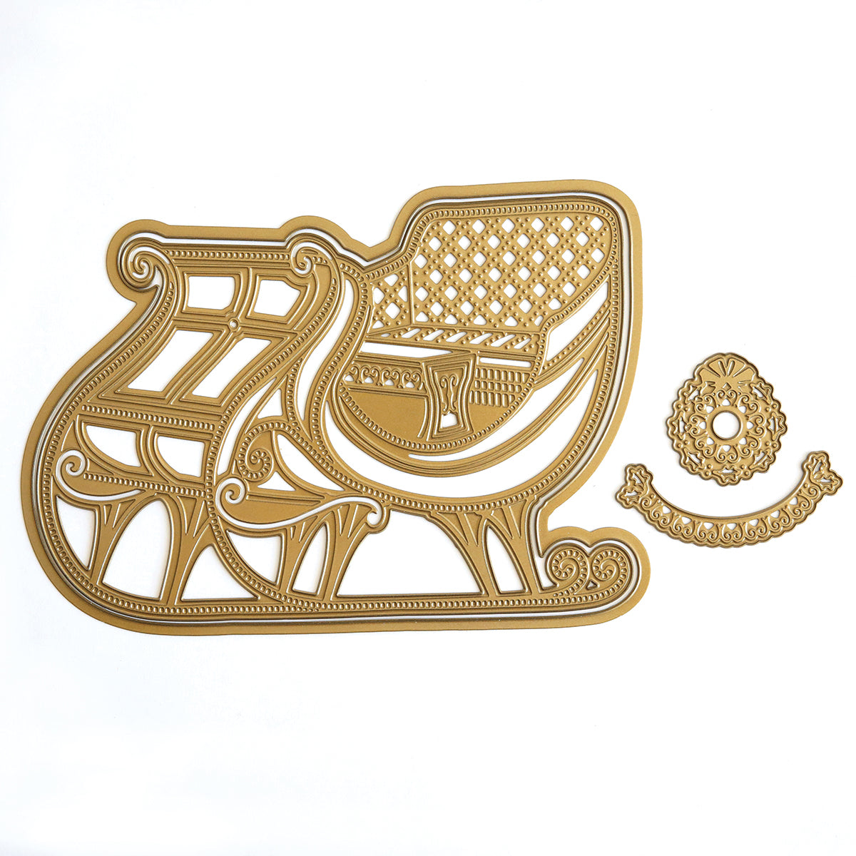 a 3D Sleigh Die and ornaments on a white background.