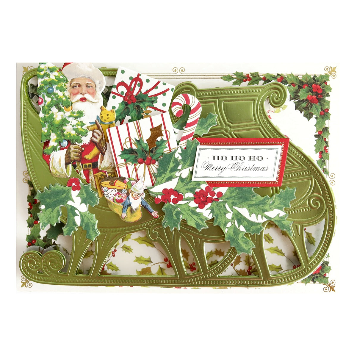 a christmas card with Santa Claus in a 3D Sleigh Die.