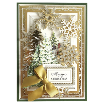 a christmas card with snowflakes and trees.