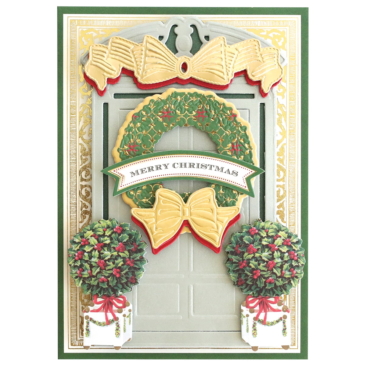 a christmas card with a bow and wreath.