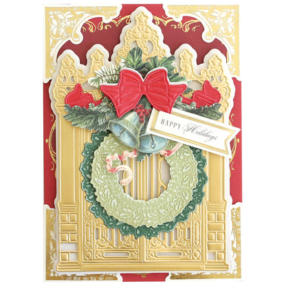 a christmas card with a wreath and bow.