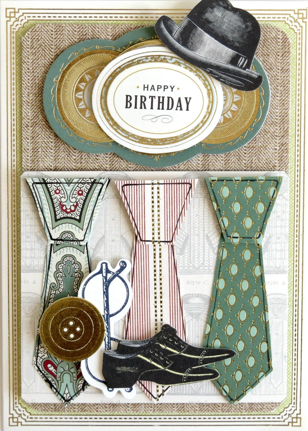 a birthday card with ties and a hat.