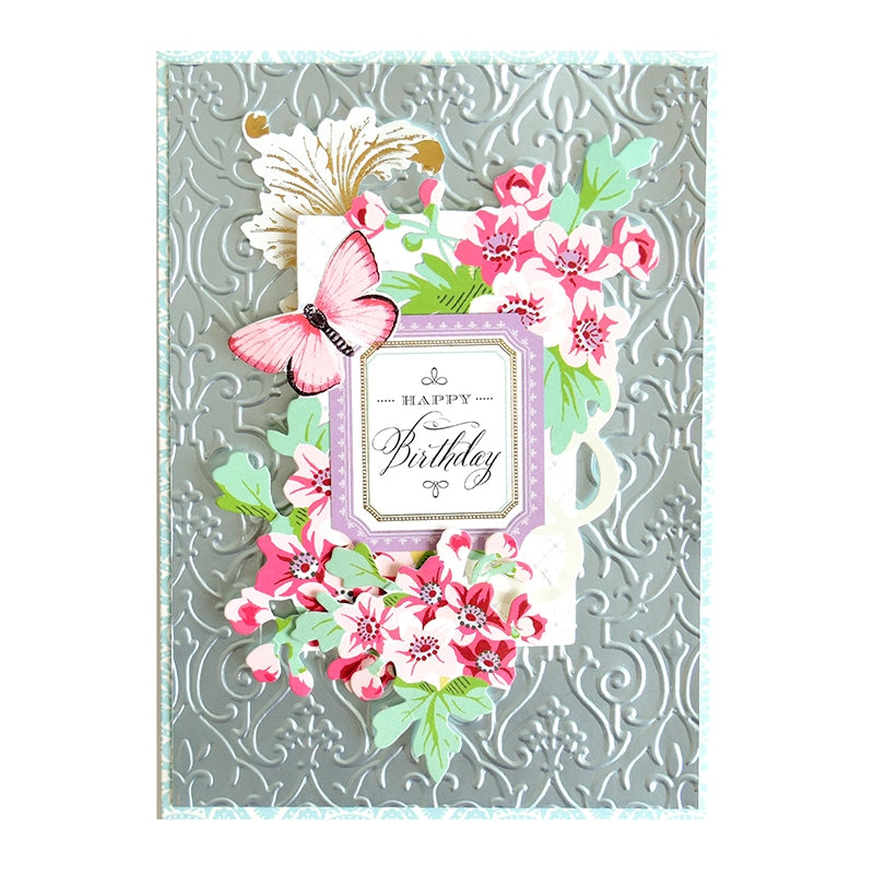 a card with a butterfly and flowers on it.