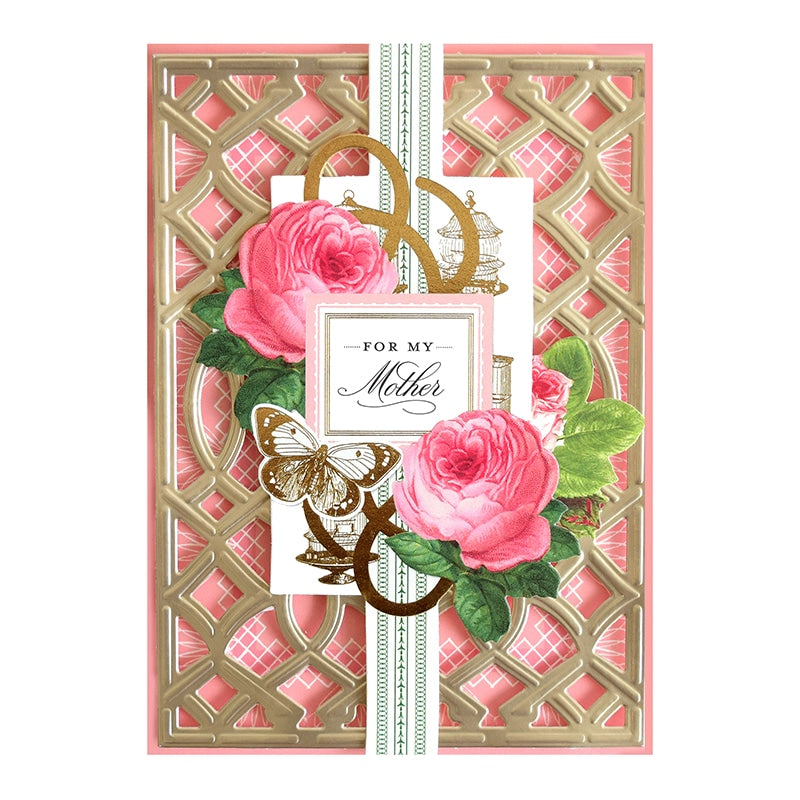 a card with pink roses on it.