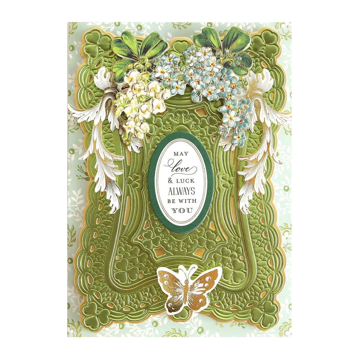 a card with a picture of a butterfly and flowers.