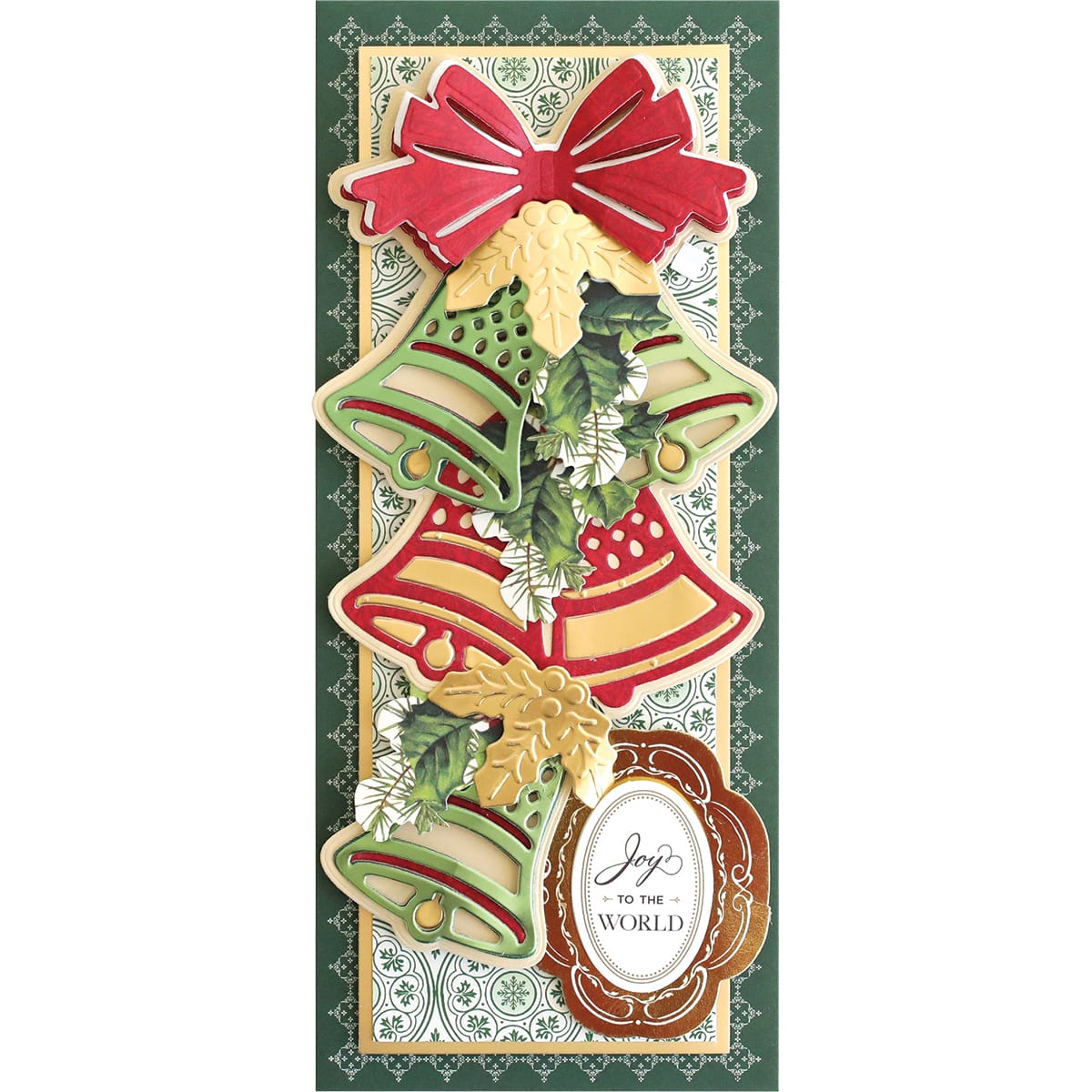 a christmas card with a red bow and bells.