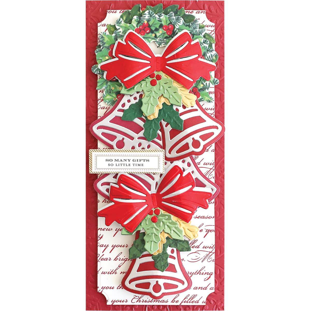 a christmas card with a red bow and bells.