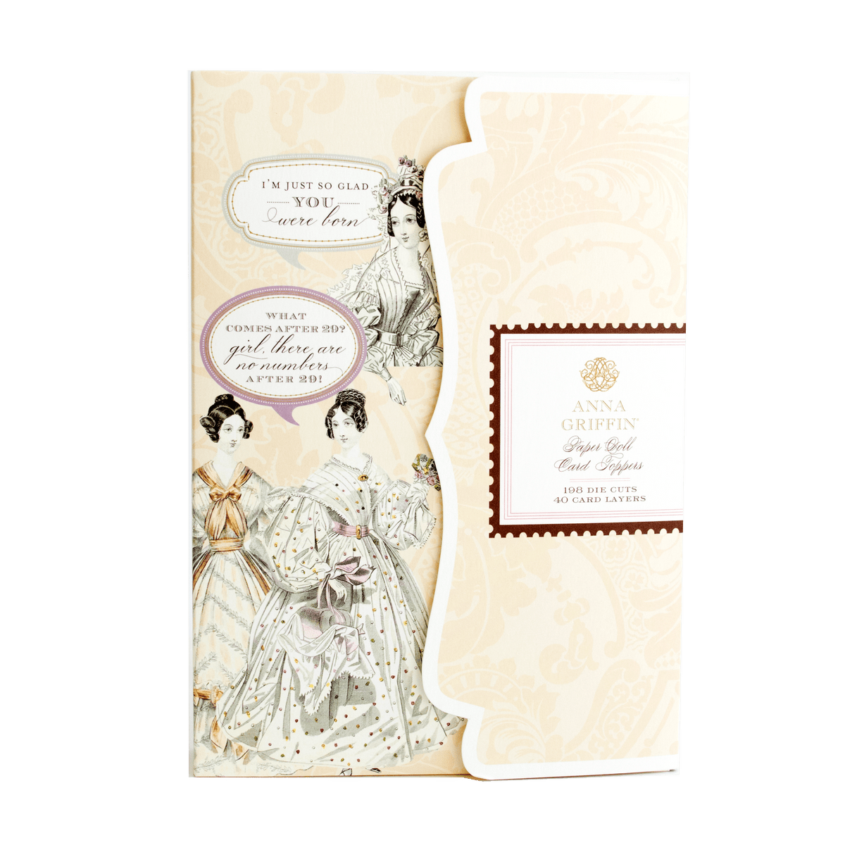 a card with a picture of a woman in a dress.