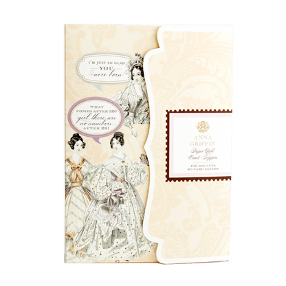 a card with a picture of a woman in a dress.