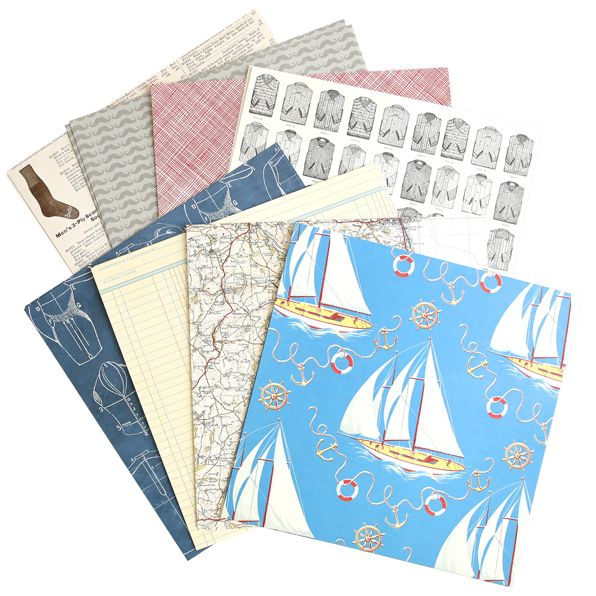 A bunch of Masculine 12x12 Cardstock papers with sailboats on them.