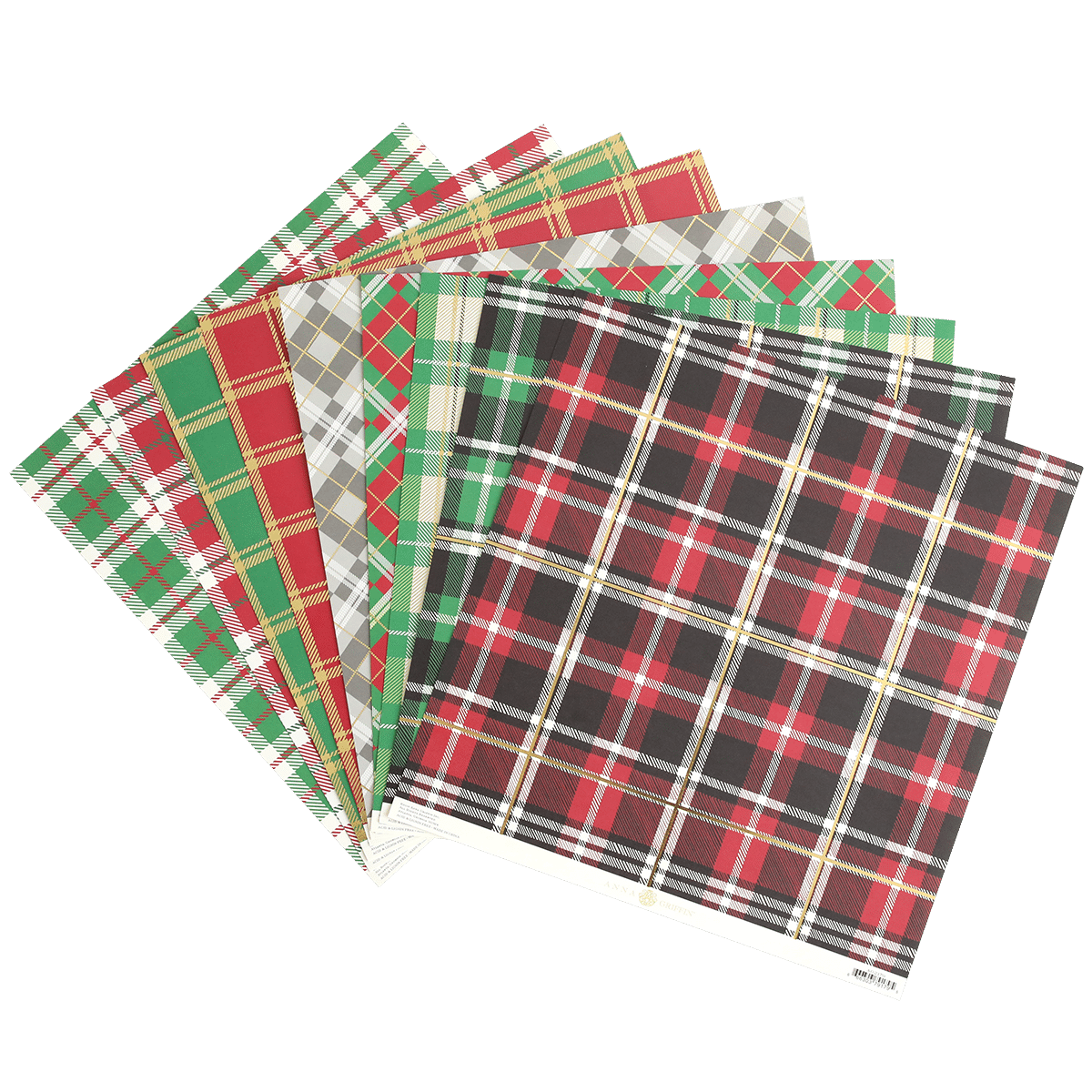 a set of Christmas Plaid 12x12 Cardstock papers with red, green, and black designs.