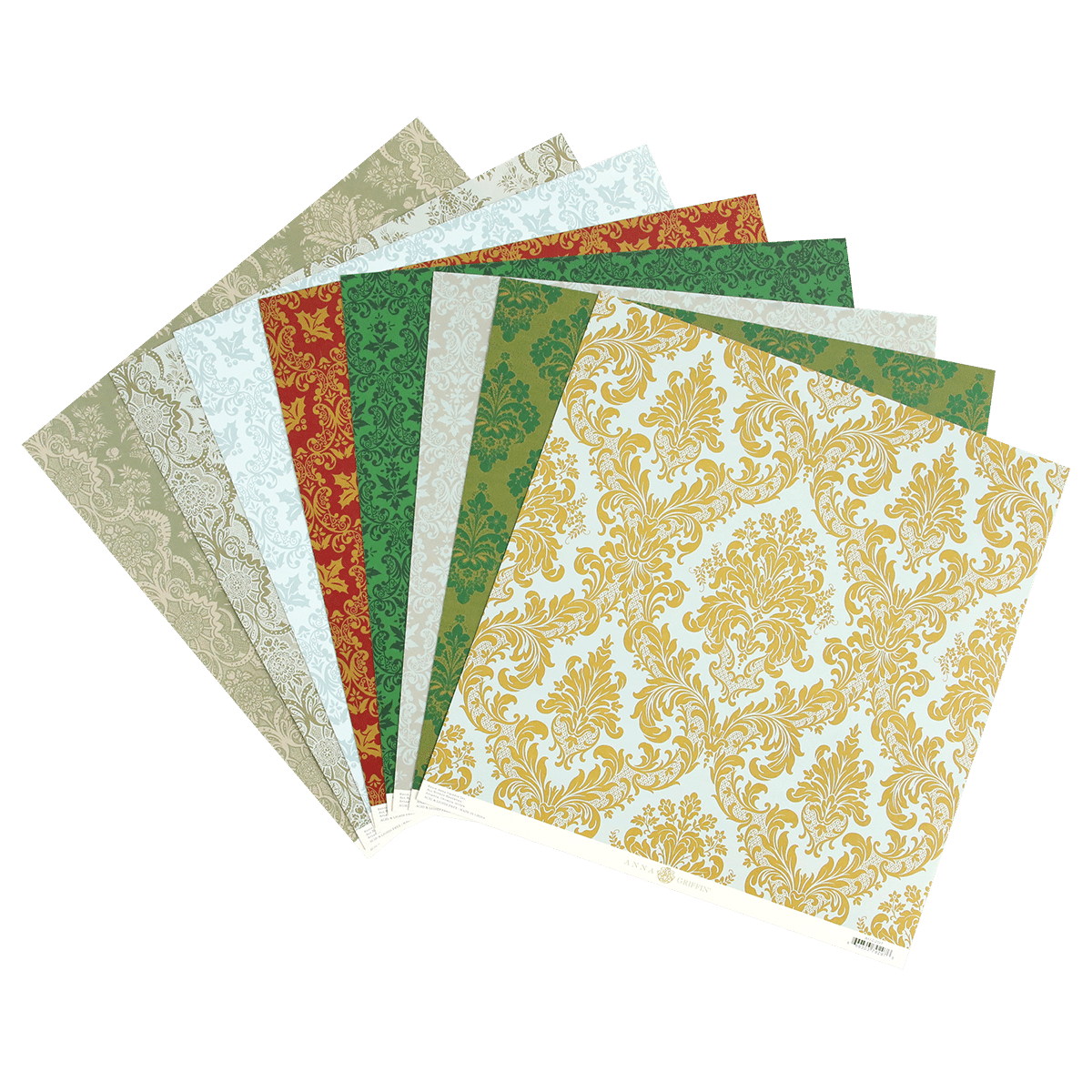 a set of Christmas Damask 12x12 Cardstock papers with green, red and gold designs.