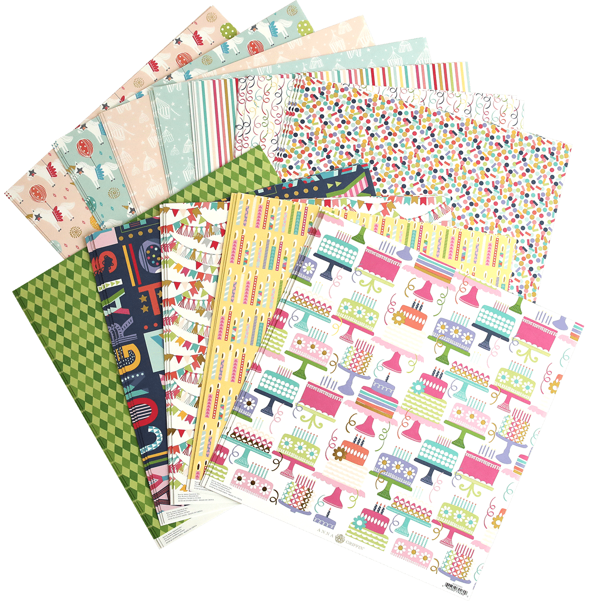 A collection of Birthday 12x12 Cardstock with different designs on them.