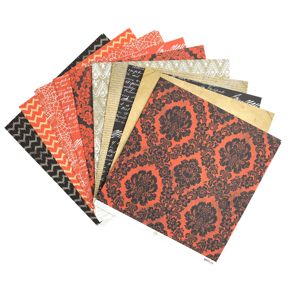 A collection of Spooktacular Halloween 12x12 Cardstock with black and orange designs.