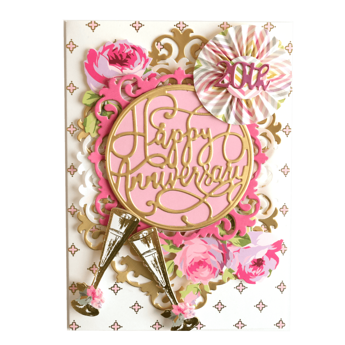 a happy birthday card with pink flowers and gold foil.