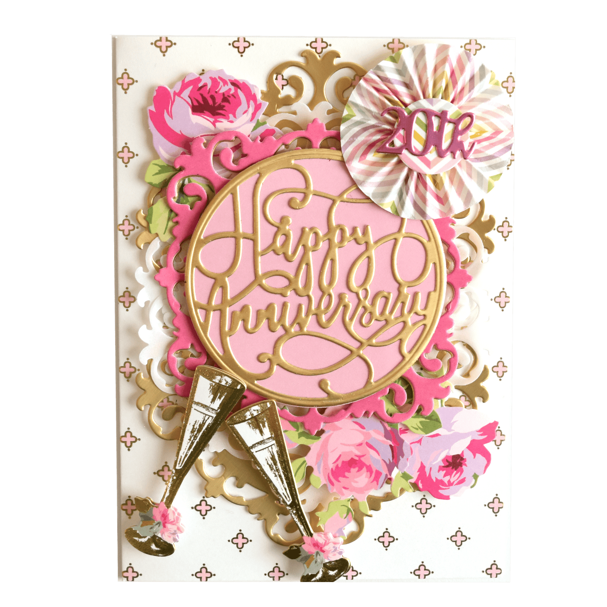 a happy birthday card with pink flowers and gold foil.