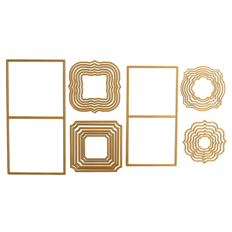 a set of four square and rectangle shapes in gold on a green background.
