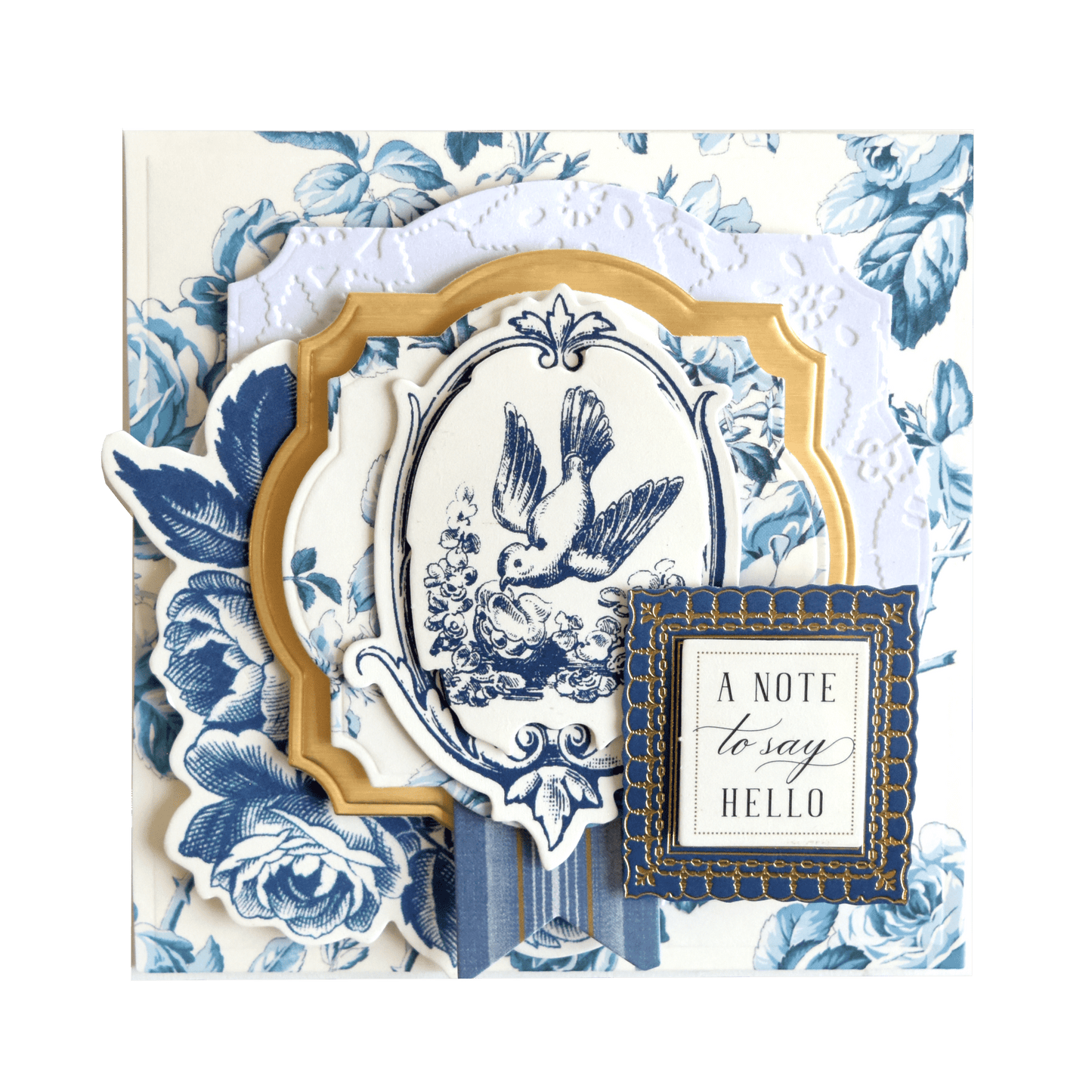 a blue and white card with a picture of a bird.