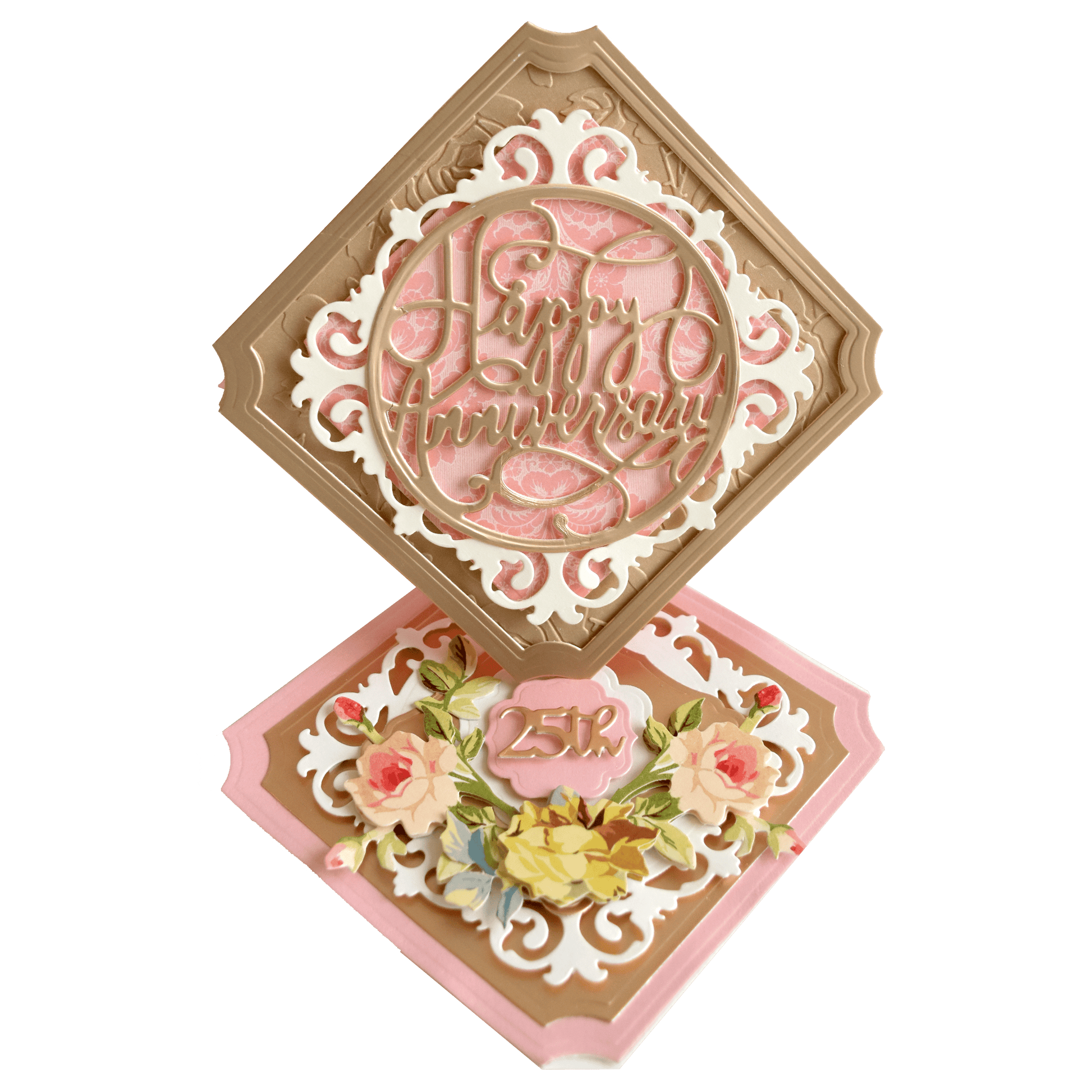 a pink and brown card with a floral design.