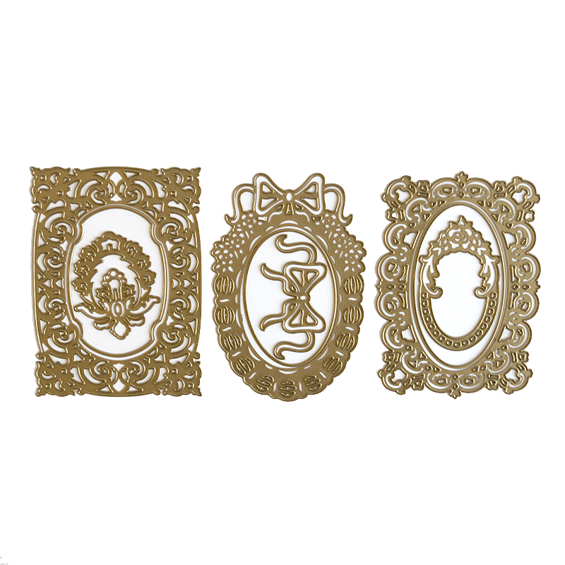 a set of three decorative frames with a woman's head in the center.