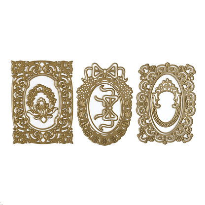 a set of three decorative frames with a woman's head in the center.