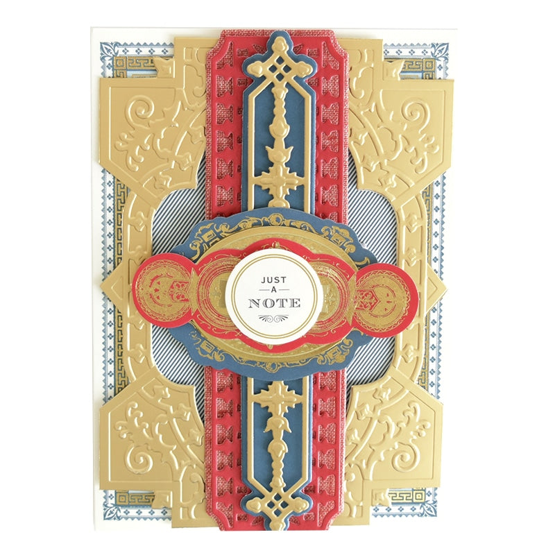 a card with a gold and red border.
