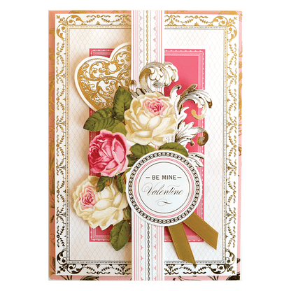 a card with roses and a heart on it.