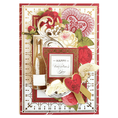 a valentine's day card with a bottle of wine.