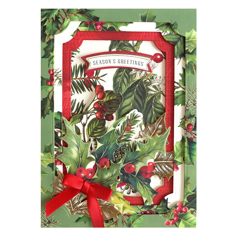 a christmas card with holly and berries.