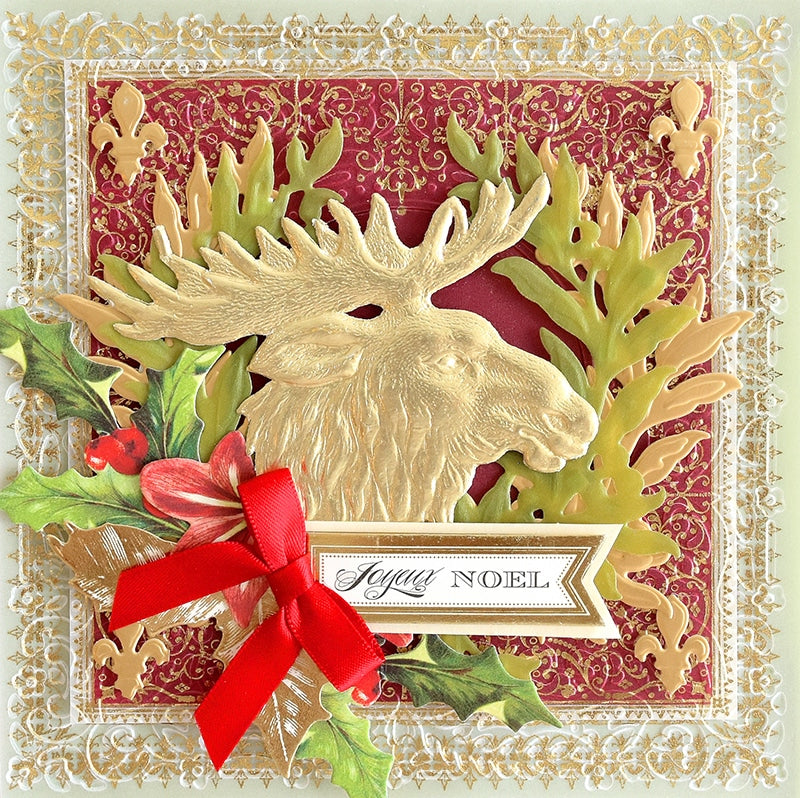 a close up of a christmas card with a moose.