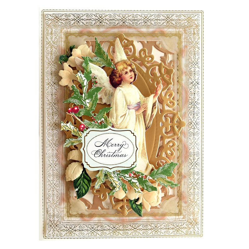 a christmas card with an angel and holly.