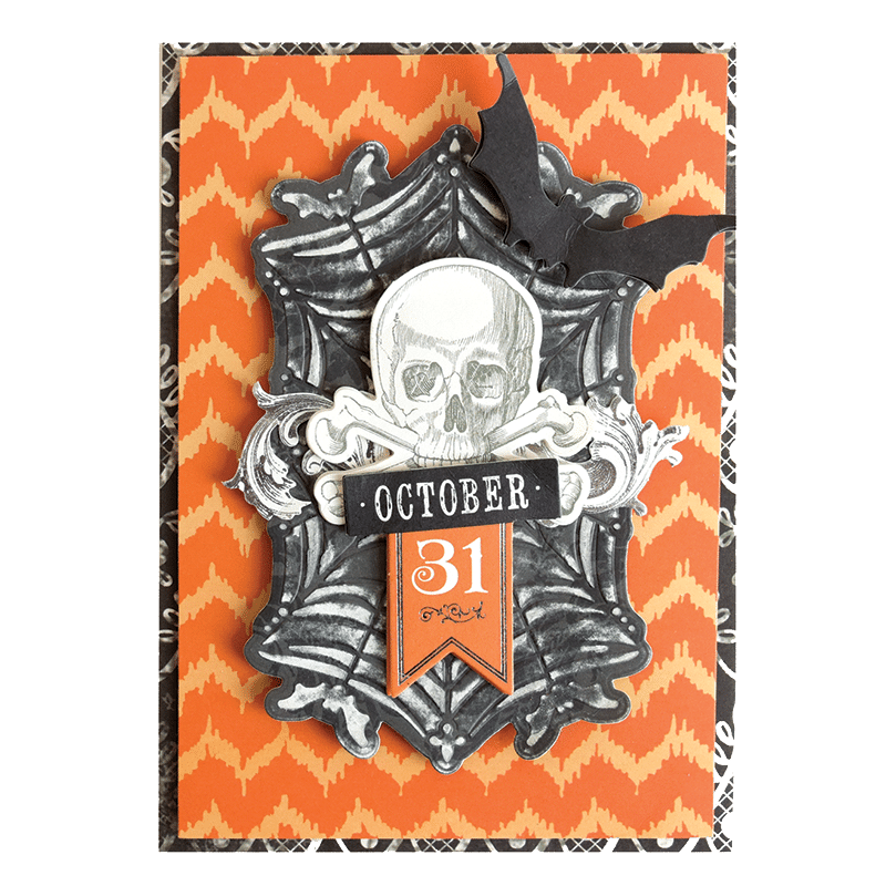 a halloween card with a skeleton on it.