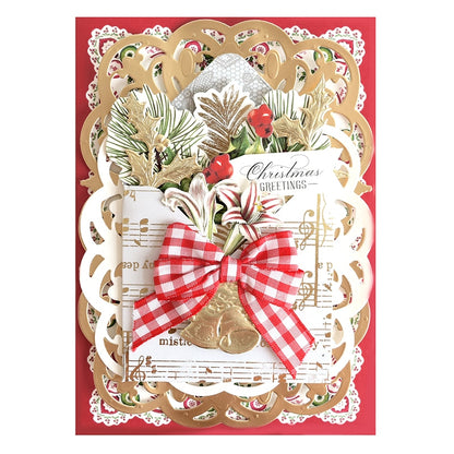 a red and white christmas card with a bow.