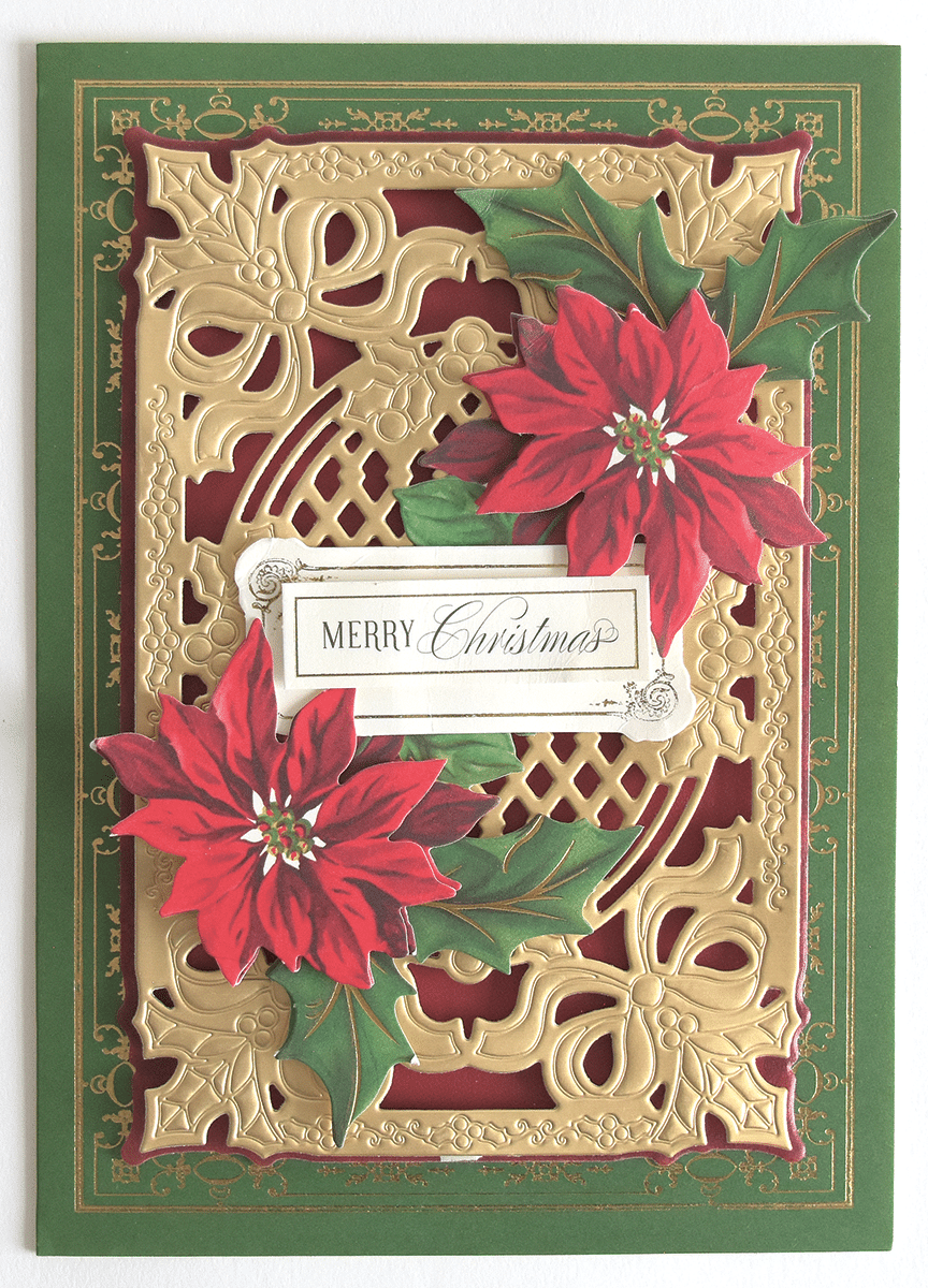 a christmas card with poinsettis on it.
