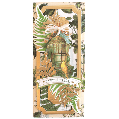 a happy birthday card with a bird in a cage.
