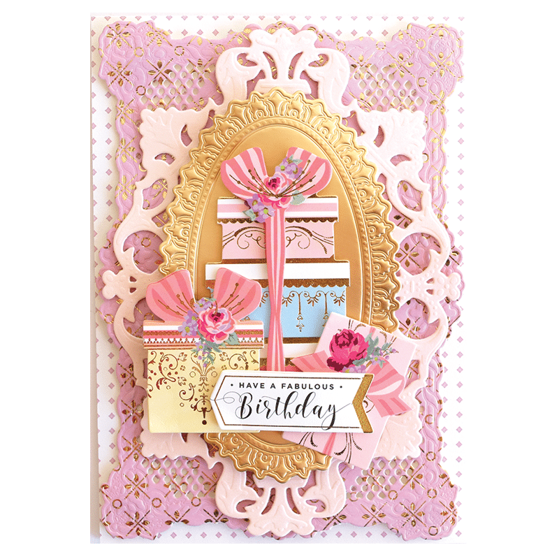 a pink and gold birthday card with a pink ribbon.