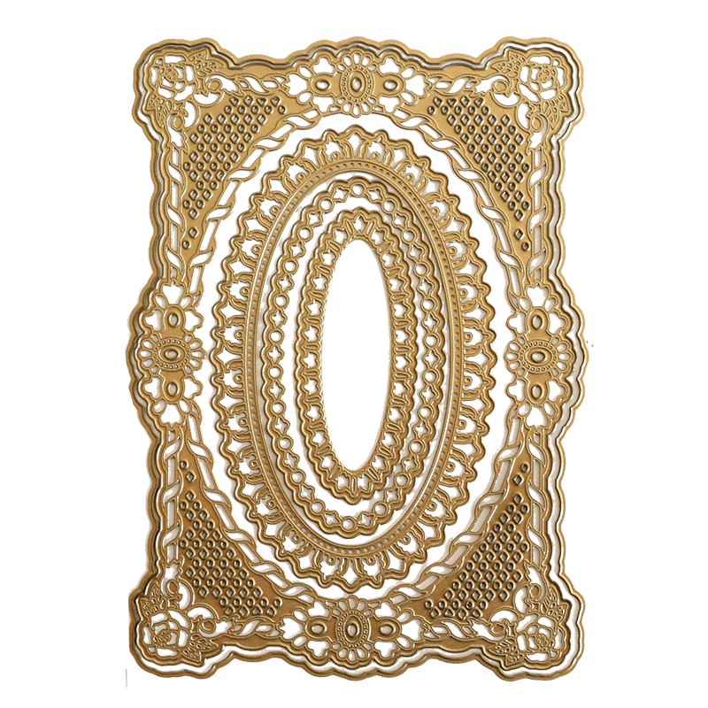 a picture of a gold doily on a green background.