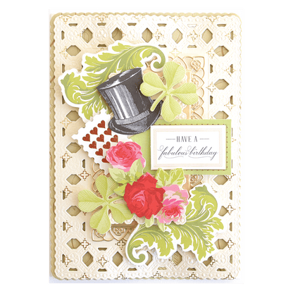 a card with a flower and a card saying have a fabulous birthday.