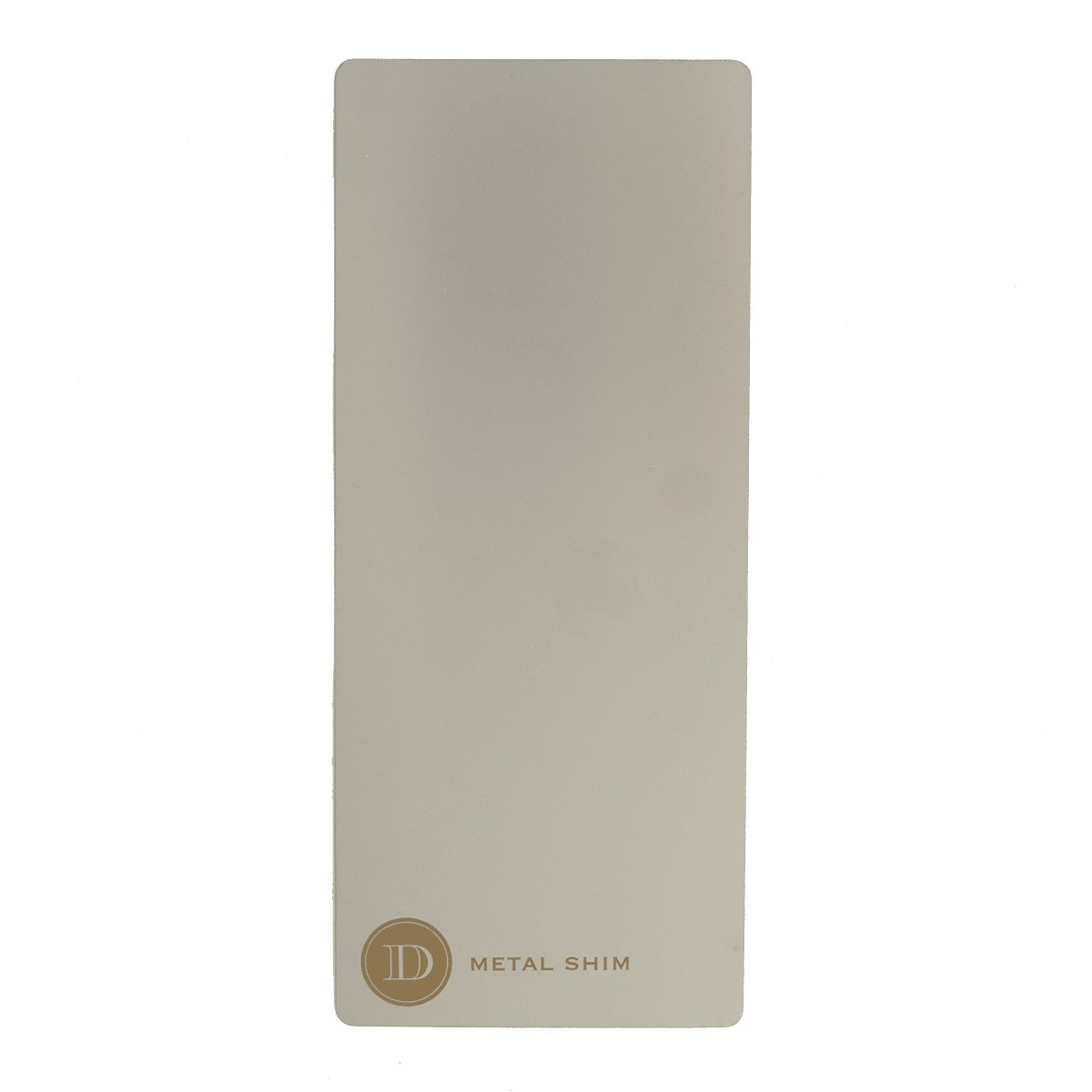 a white card with a gold logo on it.