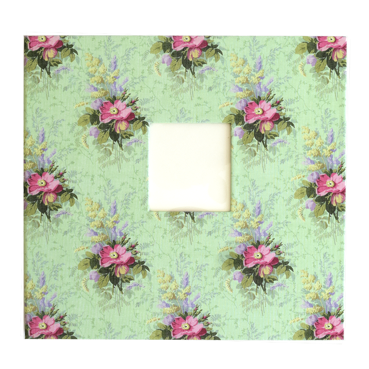 a picture frame with pink flowers on a green background.