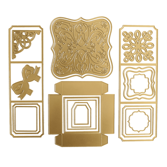 a set of decorative cut outs in gold on a green background.