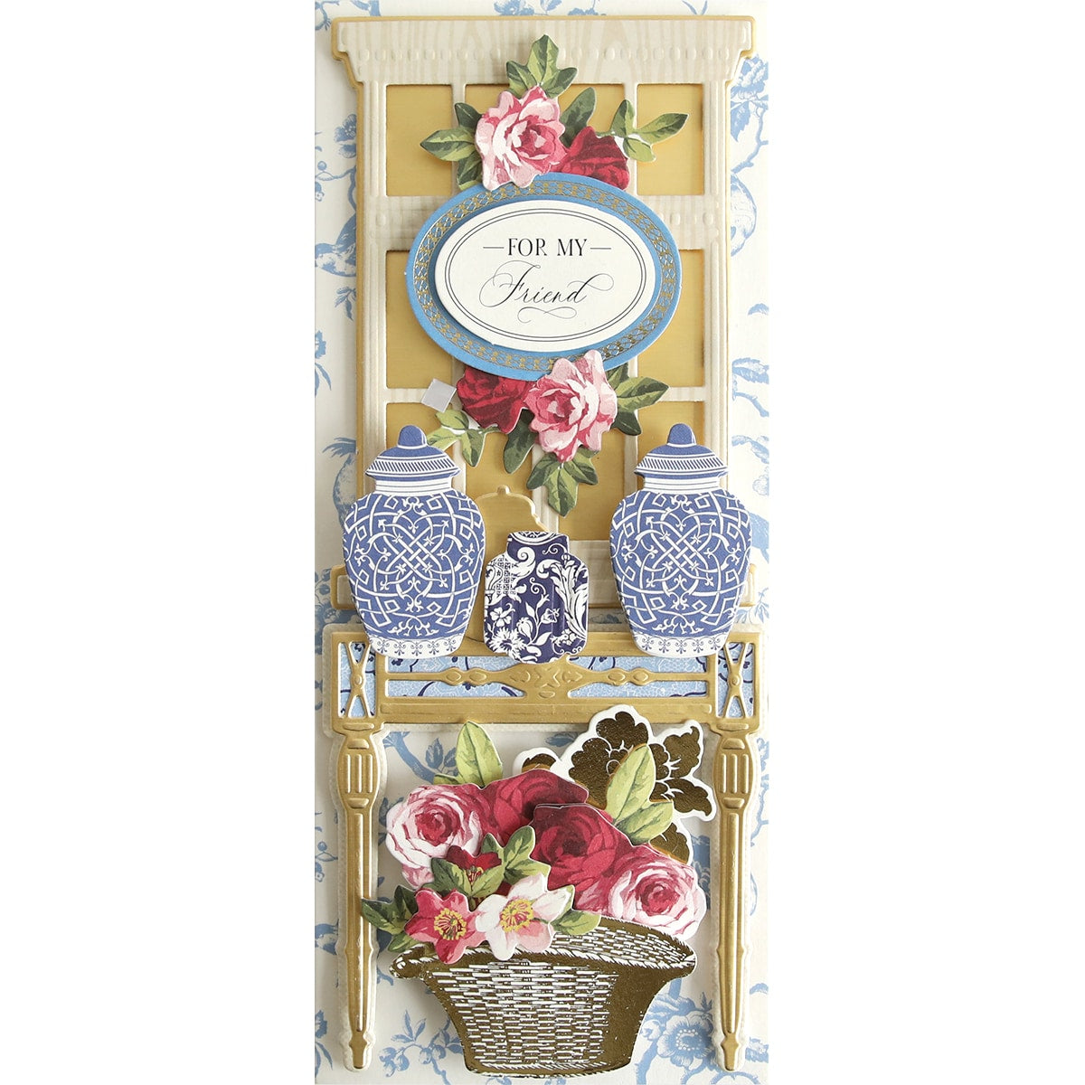 a card with a basket of flowers and vases.