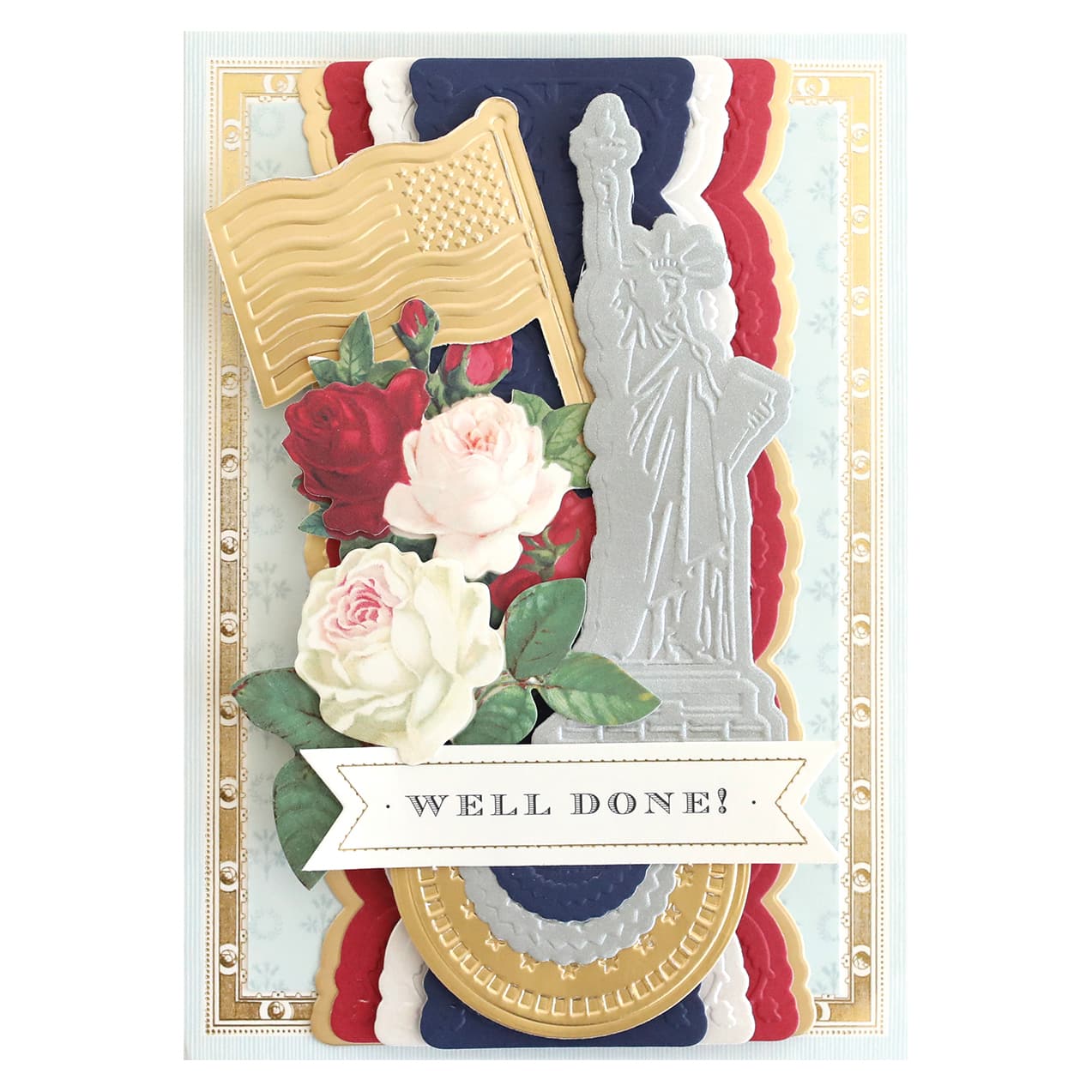 a close up of a card with flowers and a statue.