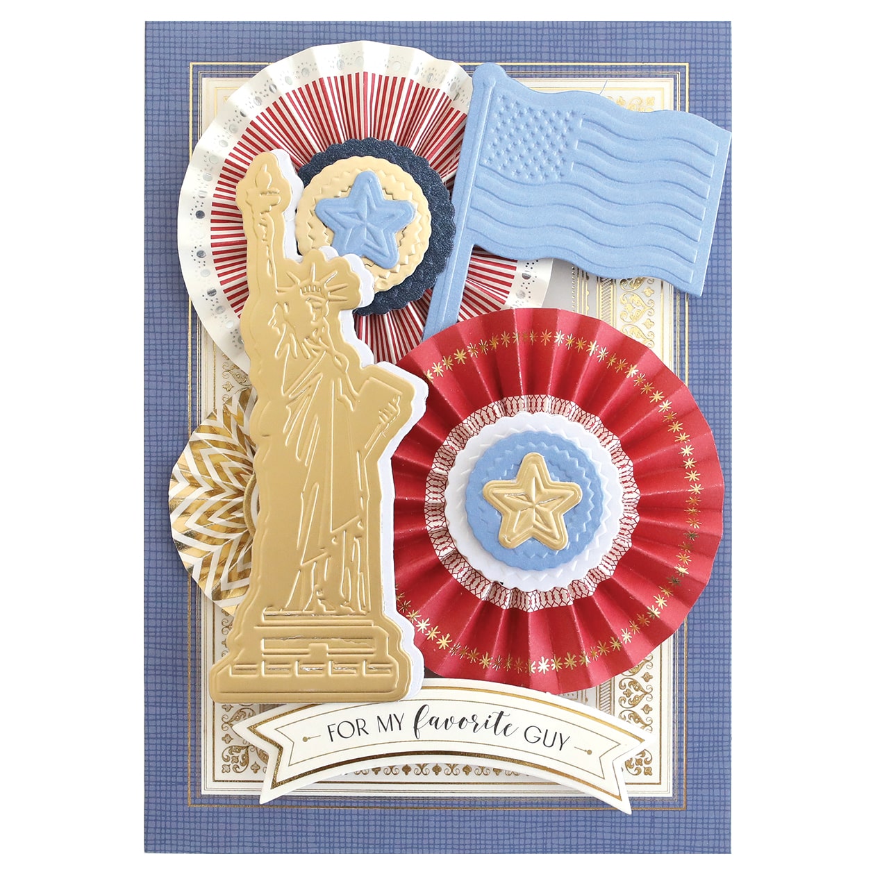 a card with a statue of liberty and a red, white and blue rosette.