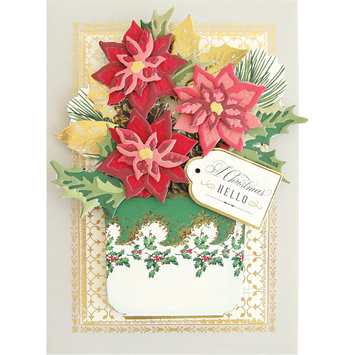 a christmas card with poinsettis and holly.